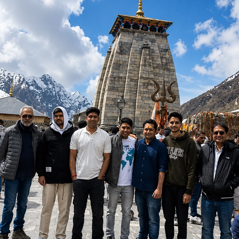 Friends visiting Kedarnath Dham during their Himalayan pilgrimage