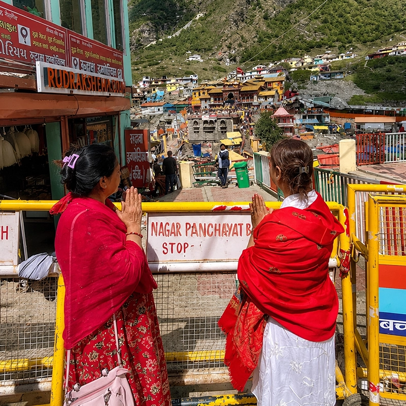 Sisters visiting Badrinath Dham during their Char Dham pilgrimage