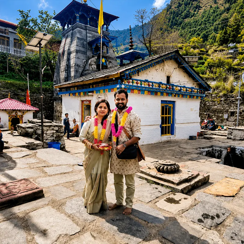 Historic Triyuginarayan Temple surrounded by the Uttarakhand Himalayas